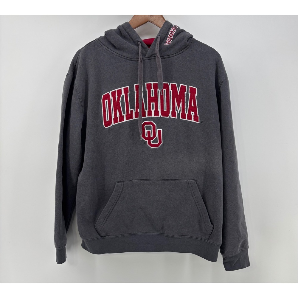 Oklahoma University Sooners OU Hoodie Men's Large Gray Pullover Embroidered